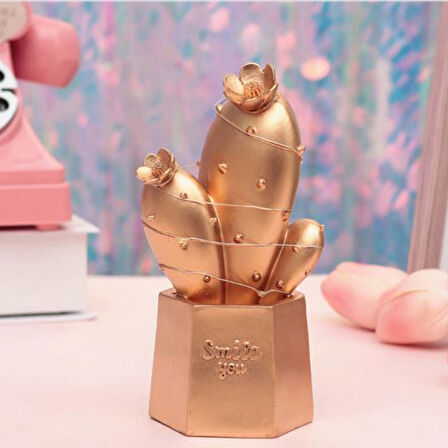Led Işıklı Sevimli Kaktüs Dekoratif Masa Lambası Mini Biblo Gece Lambası Gold (5042)