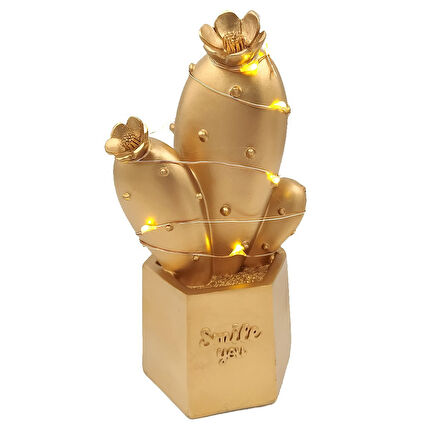 Led Işıklı Sevimli Kaktüs Dekoratif Masa Lambası Mini Biblo Gece Lambası Gold (5042)