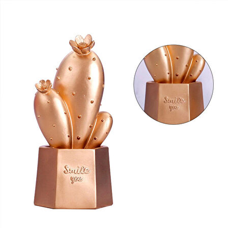 Led Işıklı Sevimli Kaktüs Dekoratif Masa Lambası Mini Biblo Gece Lambası Gold (5042)