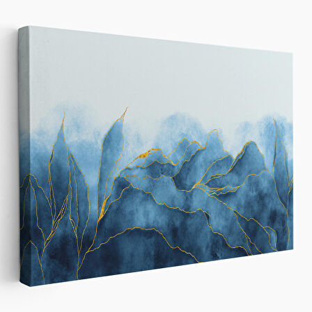Altın Damarlı Soyut Mavi Mermer Taş Dokulu Kanvas Tablo-5042