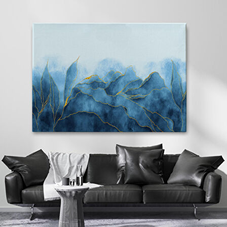 Altın Damarlı Soyut Mavi Mermer Taş Dokulu Kanvas Tablo-5042