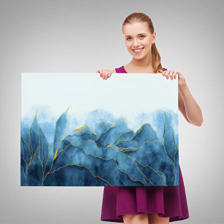 Altın Damarlı Soyut Mavi Mermer Taş Dokulu Kanvas Tablo-5042