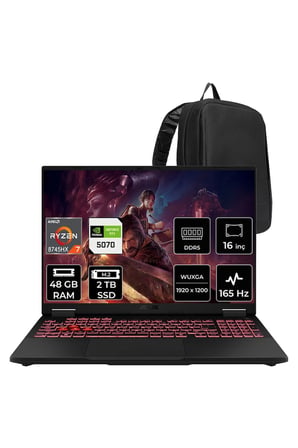 Tuf Gaming A16 AMD Ryzen 7 8745HX RTX 5070 8GB 115W 48GB RAM 2TB SSD 16" WUXGA (1920x1200) IPS 165Hz FreeDOS FA608PPRV15P334 Gaming Laptop + PER4 Çanta