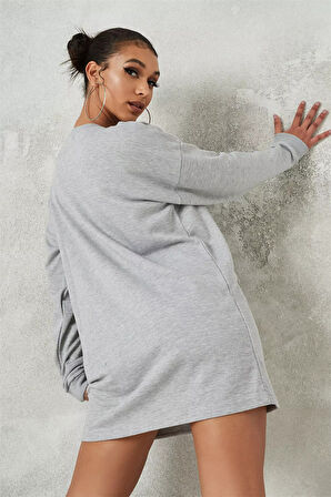 Kadın Uzun Kollu Uzun Gri Sweatshirt 5043-2010