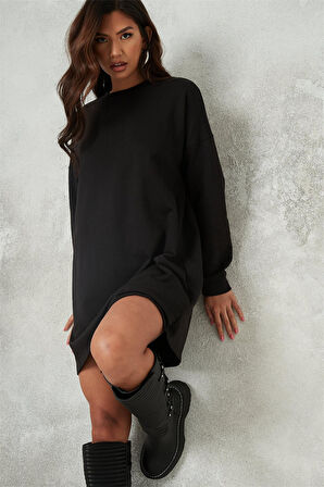 Kadın Uzun Kollu Uzun Siyah Sweatshirt 5043-2010