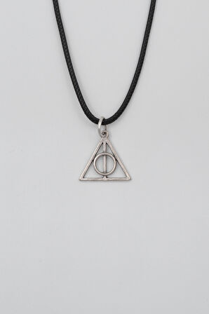Minimal Harry Potter Ölüm Yadigarları Siyah Deri İp Kolye - Antik Gümüş Kaplama - Kadın Erkek - 60 cm
