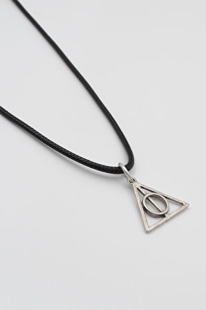 Minimal Harry Potter Ölüm Yadigarları Siyah Deri İp Kolye - Antik Gümüş Kaplama - Kadın Erkek - 60 cm