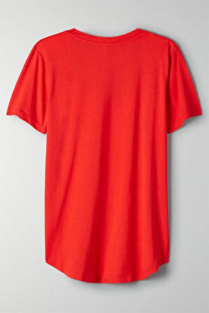 Kadın Kırmızı V Yaka Oversize Classic Bluz Yuvarlak Detay Kısa Kol Tişört 5045_301