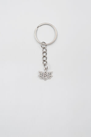Minimal Om Sembollü Lotus Çiçeği Anahtarlık - Antik Gümüş Kaplama - Kadın Erkek