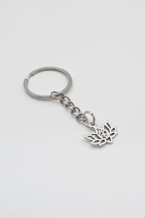 Minimal Om Sembollü Lotus Çiçeği Anahtarlık - Antik Gümüş Kaplama - Kadın Erkek