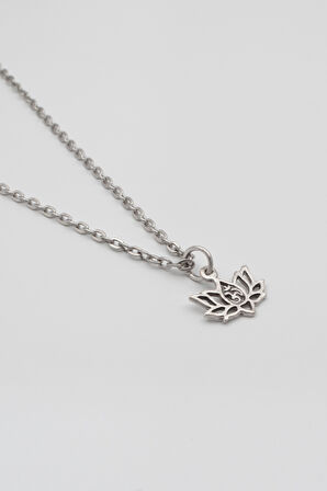 Minimal Om Sembollü Lotus Çiçeği Düz Ezme Zincir Kolye - Antik Gümüş Kaplama - Kadın Erkek - 60 cm