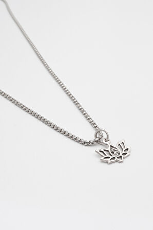 Minimal Om Sembollü Lotus Çiçeği Örme Zincir Kolye - Antik Gümüş Kaplama - Kadın Erkek - 60 cm