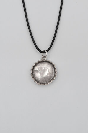 Retro Gazoz Kapağı Siyah Deri İp Kolye - Antik Gümüş Kaplama - Kadın Erkek - 60 cm