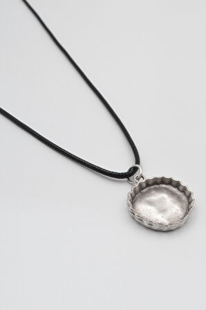 Retro Gazoz Kapağı Siyah Deri İp Kolye - Antik Gümüş Kaplama - Kadın Erkek - 60 cm