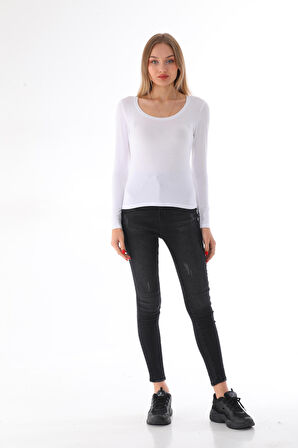 Kadın Viskon Dekolte Yaka Slim Fit Tişört-Beyaz