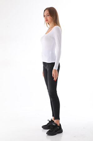 Kadın Viskon Dekolte Yaka Slim Fit Tişört-Beyaz