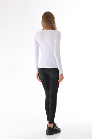 Kadın Viskon Dekolte Yaka Slim Fit Tişört-Beyaz