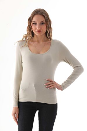 Kadın Viskon Dekolte Yaka Slim Fit Tişört-Bej