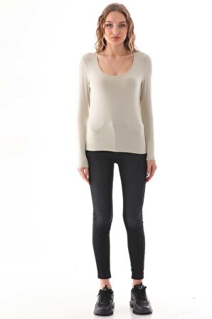 Kadın Viskon Dekolte Yaka Slim Fit Tişört-Bej