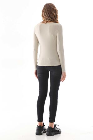 Kadın Viskon Dekolte Yaka Slim Fit Tişört-Bej