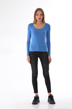 Kadın Viskon Dekolte Yaka Slim Fit Tişört-Mavi