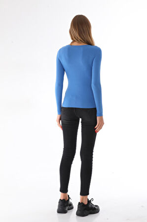 Kadın Viskon Dekolte Yaka Slim Fit Tişört-Mavi