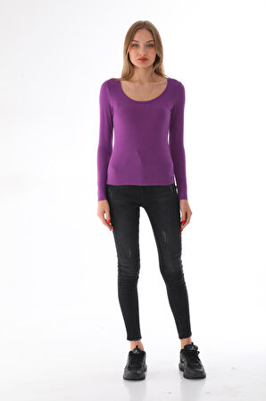 Kadın Viskon Dekolte Yaka Slim Fit Tişört-Mor