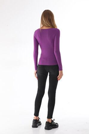 Kadın Viskon Dekolte Yaka Slim Fit Tişört-Mor