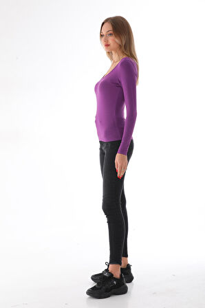 Kadın Viskon Dekolte Yaka Slim Fit Tişört-Mor