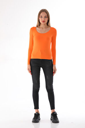 Kadın Viskon Dekolte Yaka Slim Fit Tişört-Turuncu