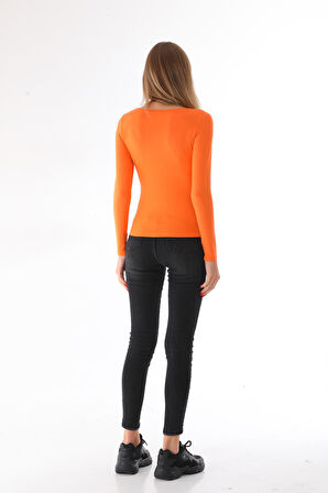 Kadın Viskon Dekolte Yaka Slim Fit Tişört-Turuncu