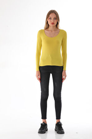 Kadın Viskon Dekolte Yaka Slim Fit Tişört-Gold