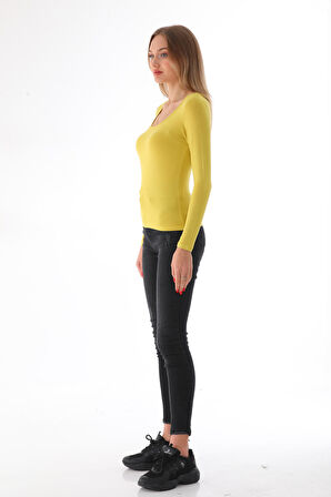Kadın Viskon Dekolte Yaka Slim Fit Tişört-Gold
