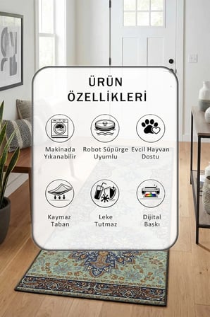 A-12 Dijital Baskılı Kaymaz Yıkanabilir Yolluk - Leke Tutmaz Vizon