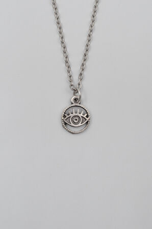 Minimalist Göz - Nazar Düz Ezme Zincir Kolye - Antik Gümüş Kaplama - Kadın Erkek - 60 cm