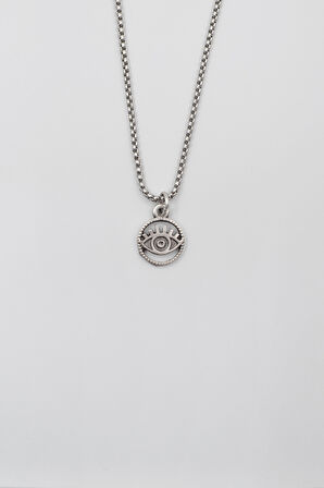 Minimalist Göz - Nazar Örme Zincir Kolye - Antik Gümüş Kaplama - Kadın Erkek - 60 cm