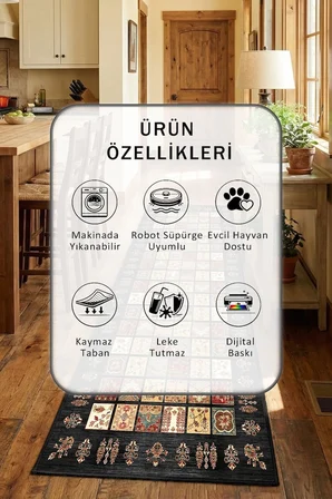 Siyah Yıkanabilir Kaymaz Taban Dijital Baskılı Mutfak Halısı