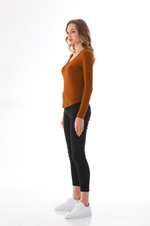 Kadın Viskon V Yaka Slim Fit Tişört-Kahve