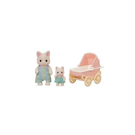 FABBATOYS Sylvanian Families Çiçekli Kedi Baba ve Bebek Arabası Seti +3 yaş