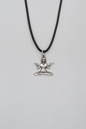 Meditasyon - Yoga - Ruhani - Siyah Deri İp Kolye - Antik Gümüş Kaplama - Kadın Erkek - 60 cm
