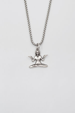 Meditasyon - Yoga - Ruhani - Örme Zincir Kolye - Antik Gümüş Kaplama - Kadın Erkek - 60 cm