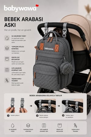 Babywawa Care Su Geçirmez Alt Açma Pedli Emzik Saklama Bölmeli Anne Bakım Çantası