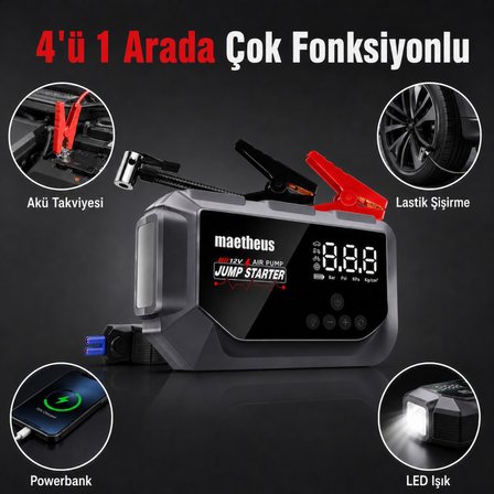 24000 mAh 4in1 Akü Takviye Cihazı | 150 PSI Kompresör | Lastik Şişirme | Powerbank | EVA Çanta | 4000A Tepe Akım