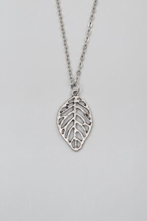Yaprak Düz Ezme Zincir Kolye - Antik Gümüş Kaplama - Kadın Erkek - 60 cm