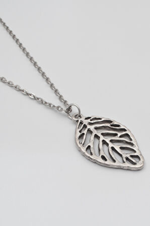 Yaprak Düz Ezme Zincir Kolye - Antik Gümüş Kaplama - Kadın Erkek - 60 cm