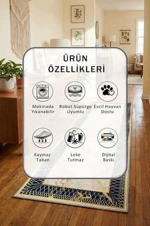 Yıkanabilir Kaymaz Dijital Baskılı Yolluk Halı Tüy Tutmaz Bej
