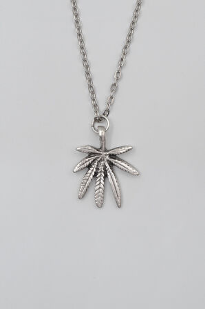 Marihuana - Kenevir Yaprak Düz Ezme Zincir Kolye - Antik Gümüş Kaplama - Kadın Erkek - 60 cm