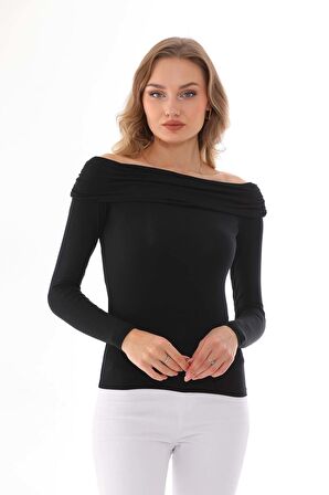 Kadın  Açık Omuzlu Uzun Kollu T-shirt-Siyah