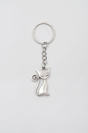 Mistik Kedi Anahtarlık - Antik Gümüş Kaplama - Kadın Erkek