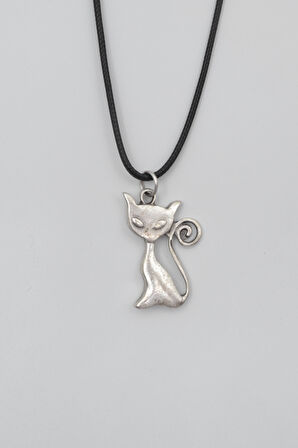 Mistik Kedi Siyah Deri İp Kolye - Antik Gümüş Kaplama - Kadın Erkek - 60 cm